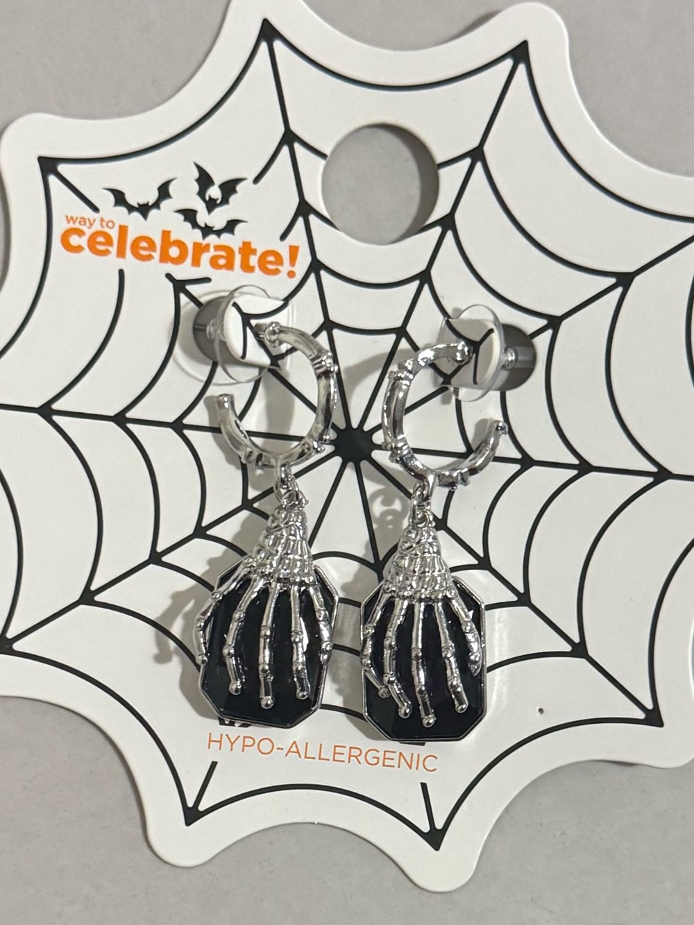 Silver Skeleton Hand Holding Gemstone Dangle Hoop Stud Earrings